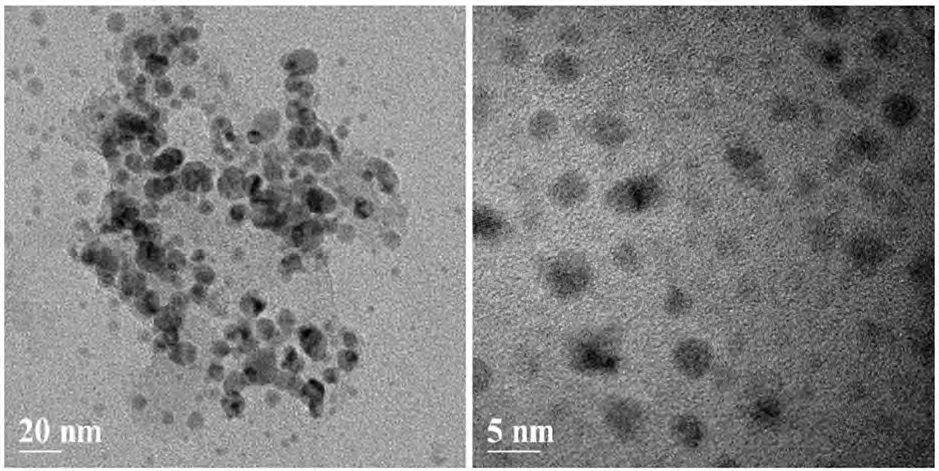 تصویر HR-TEM از دو دیسپرسیون نانوذرات نقره که به جز روش کاهش، در سایر موارد در شرایط یکسان تولید شده‌اند. روش پرتو U.V. در سمت چپ و روش NaBH4 در سمت راست.